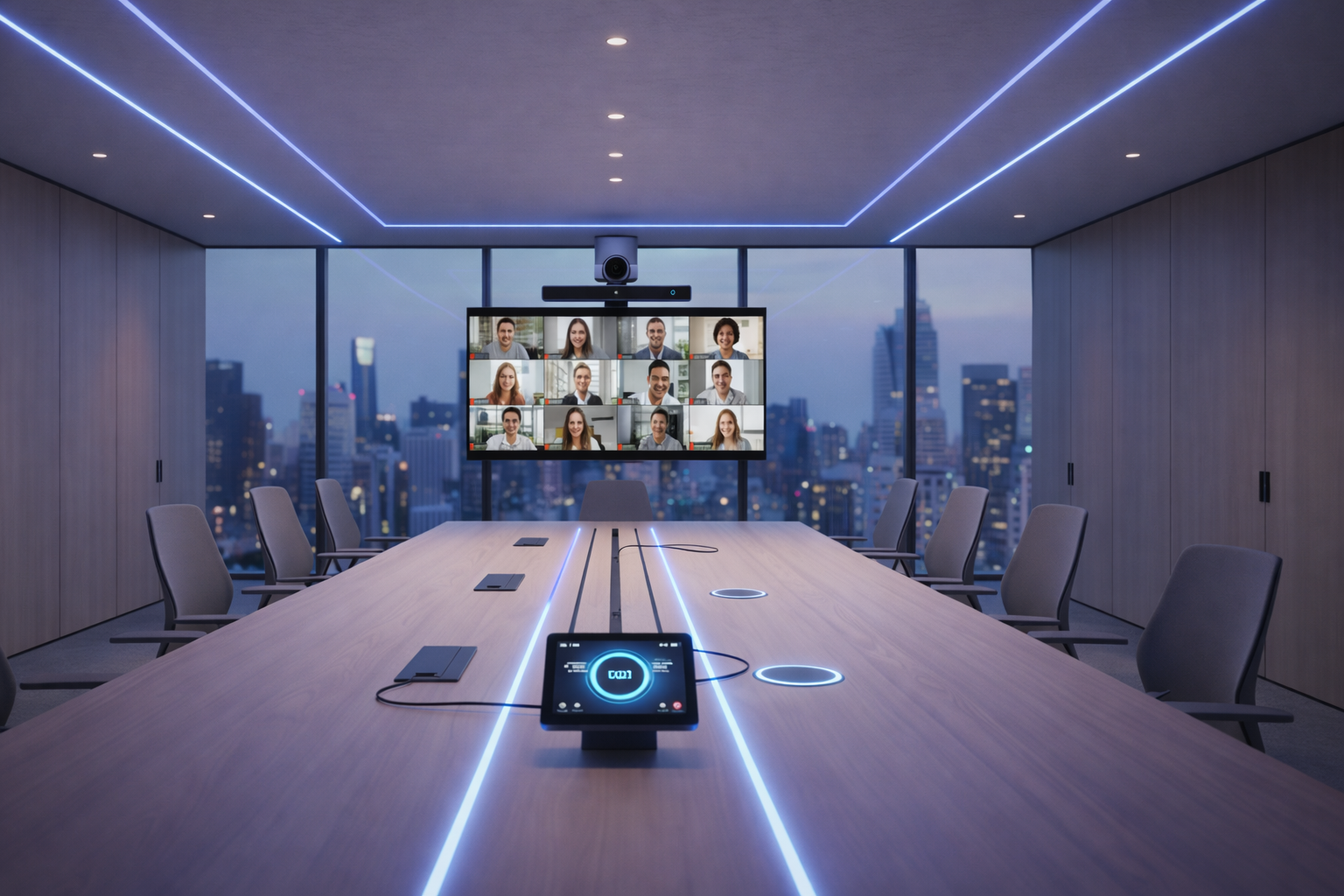 Modern enterprise boardroom with integrated audio visual setup, video conferencing display, ceiling camera, and smart meeting room controls
